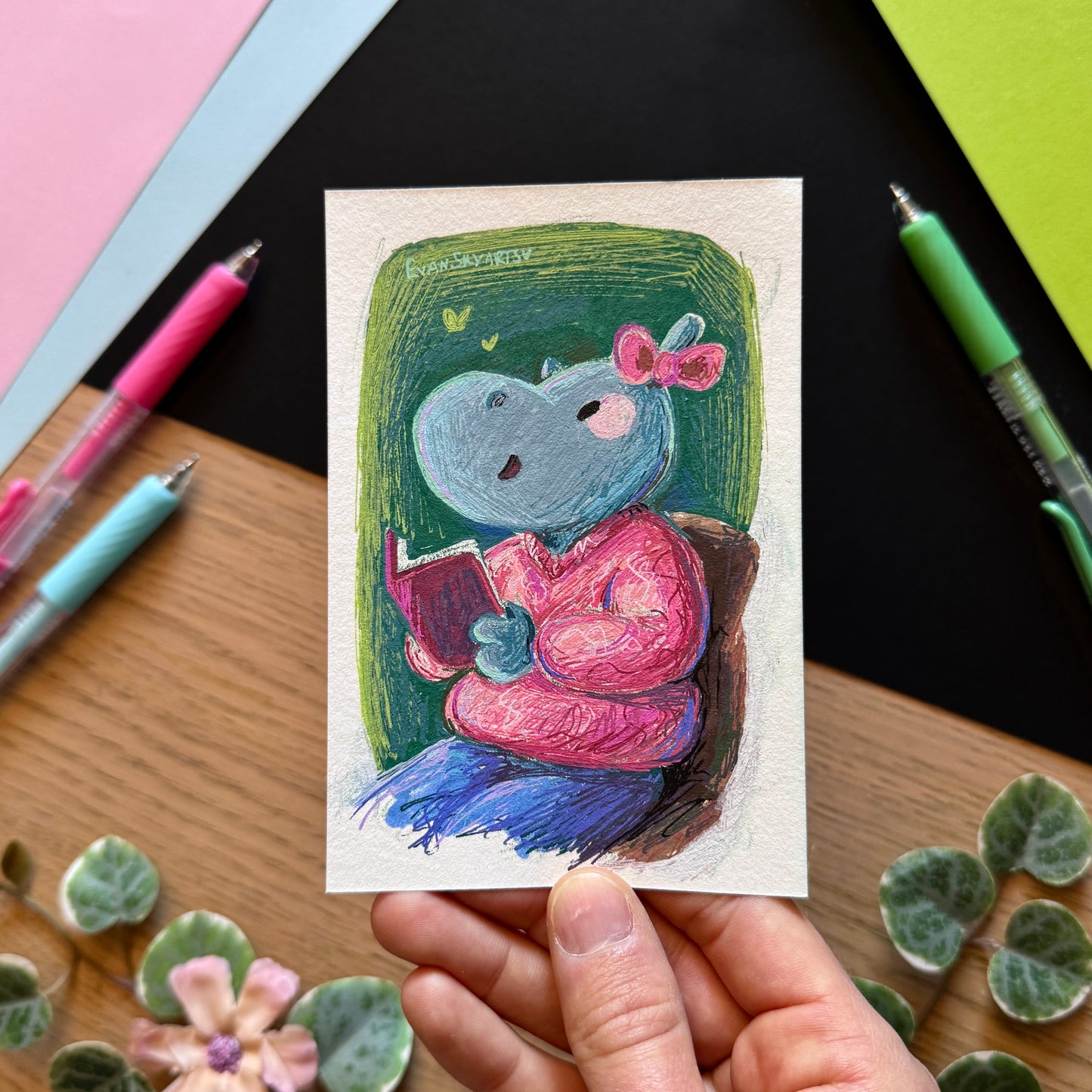 Illustration Originale: Hippopotame Lectrice