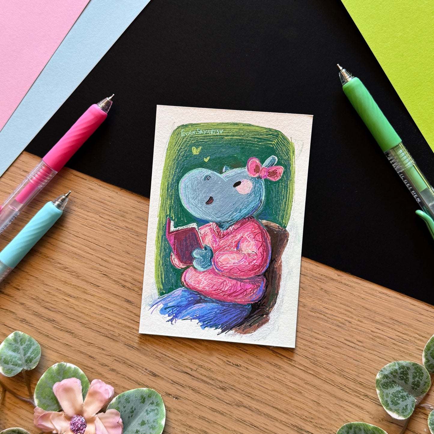 Illustration Originale: Hippopotame Lectrice